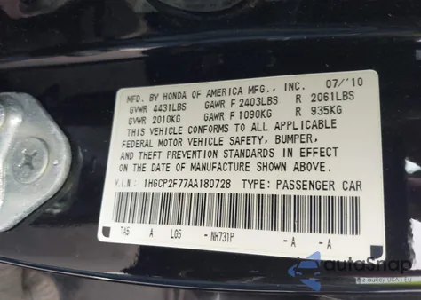 2010 Honda Accord 2.4 Ex z USA, uszkodzony, nr VIN 1HGCP2F77AA180728